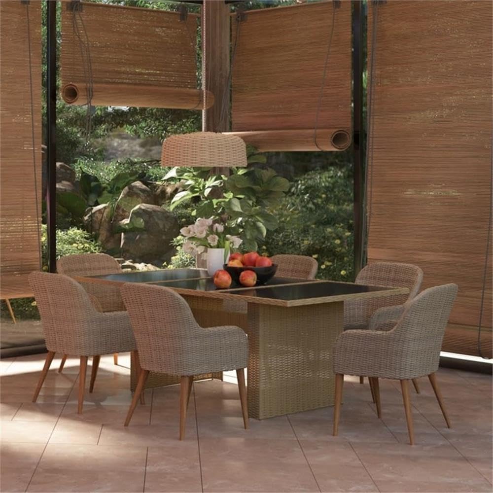 BOWERY HILL 7-Piece Patio Dining Set, Brown PE Rattan, Powder-Coated Finish, Weather-Resistant, Comfortable Armchairs, 39.4 x 78.7 x 29.1 in, Outdoor Garden or Terrace Dining Furniture