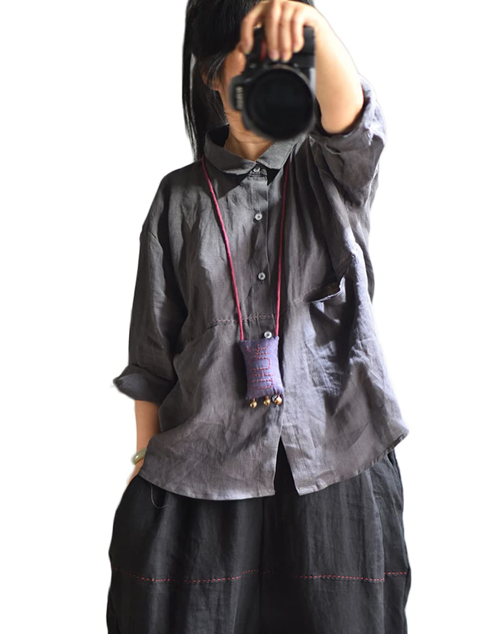 NFYM Damen-Hemd aus Flachs, Leinen, Knopfleiste, handgefertigt, lange Ärmel, lockere Passform, Kragen, Bluse mit Tasche, GRAU, Einheitsgröße