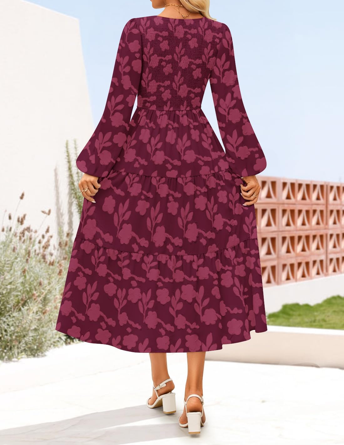 ZESICA Women's Fall Boho Floral Midi Dress 2026 Casual Long Sleeve Crewneck Flowy Wedding Guest Long Dresses - Image 4