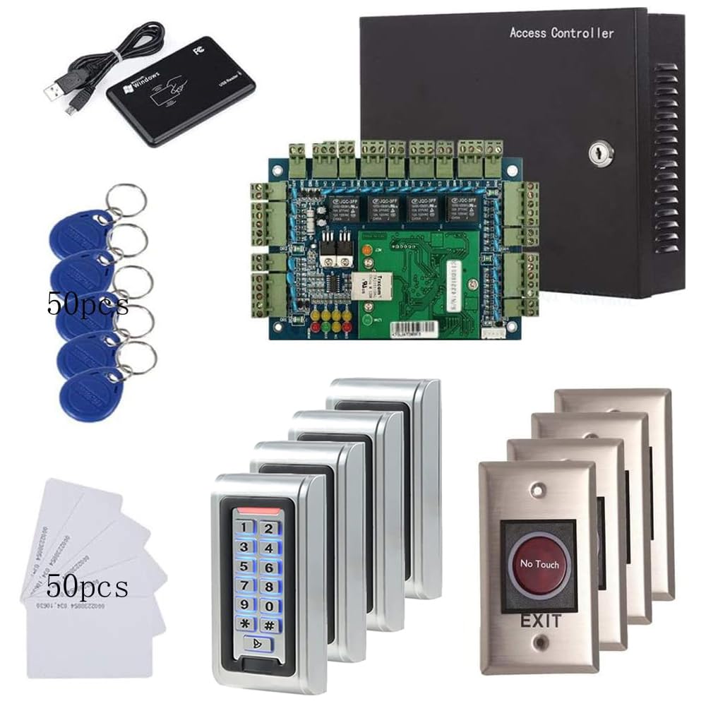 MENGQI-CONTROL 4 Doors IP Based Security Access Control Kit with Metal Case 110V Power Box Metal Keypad Reader+Infrared Exit Button+Desktop Enroll