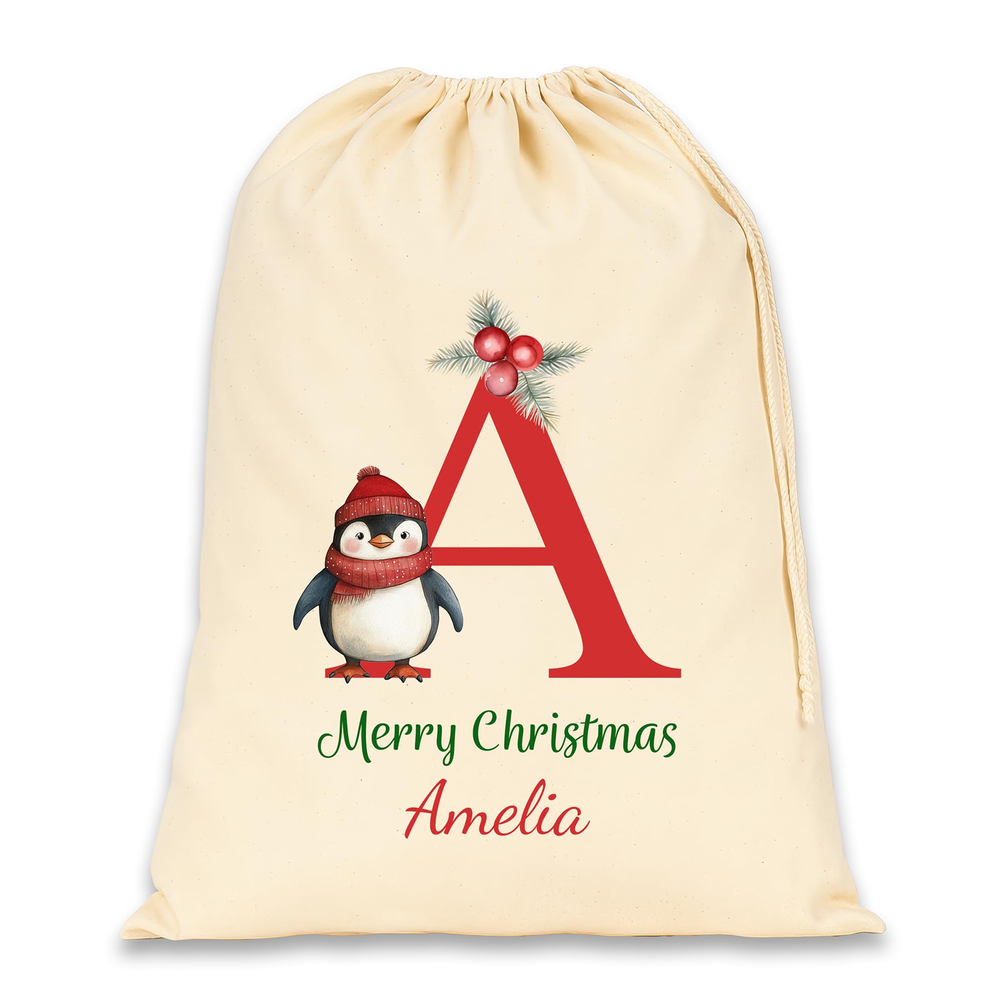 Personalised Santa Sack with Custom Name - Large Christmas Sack for Gifts - Xmas Gift Bag for Under Tree - Christmas Eve Bag - Christmas Stocking Alternative - Red Initial Penguin (Cotton)