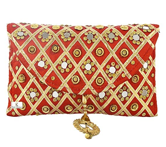 SHAKUNTLA VINTAGE Traditional Mirror Work Envelope Clutch/Hand Purse Bag (Red) 1