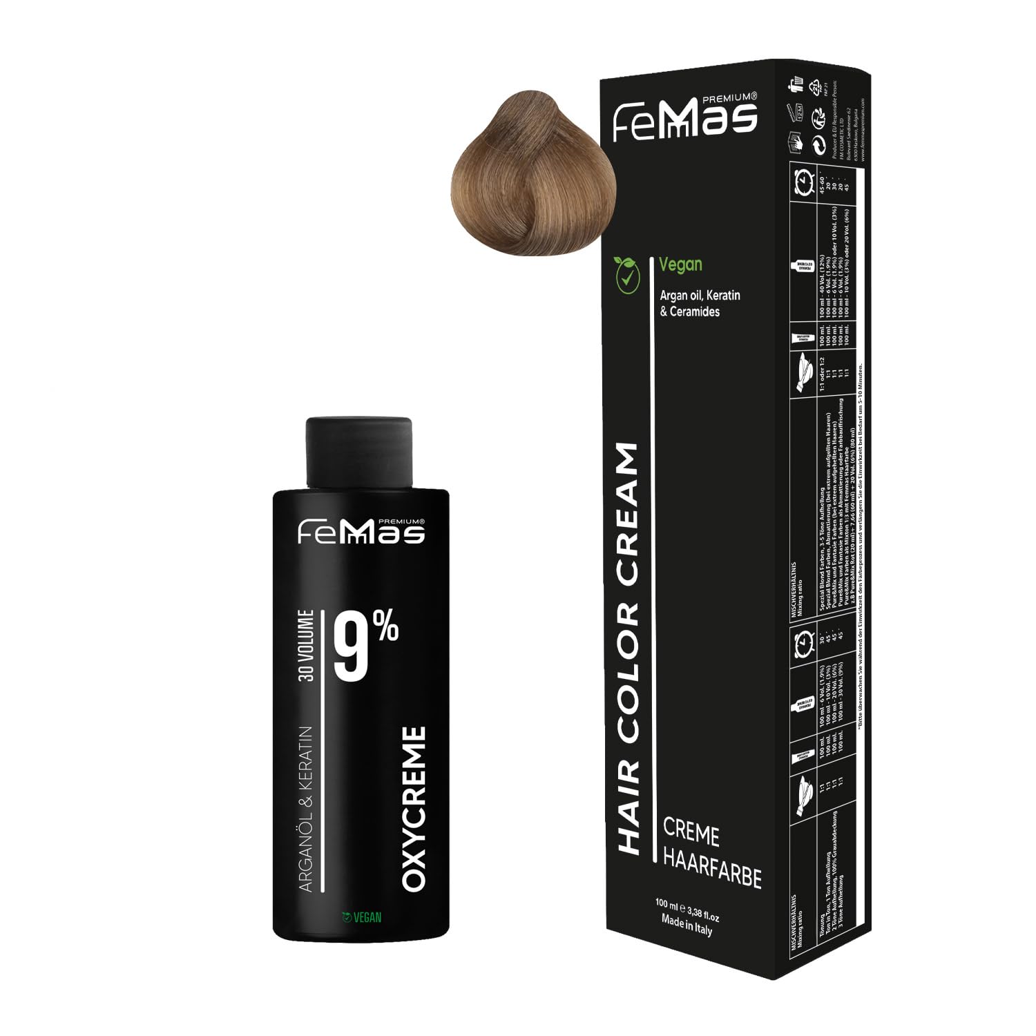 Femmas Set de tinte para el cabello rubio claro chocolate intenso 9,99 I Hair Color Cream 100 ml + Oxycreme 100 ml 9% I coloración permanente del cabello + desarrollador I Suave y duradero I Tinte de