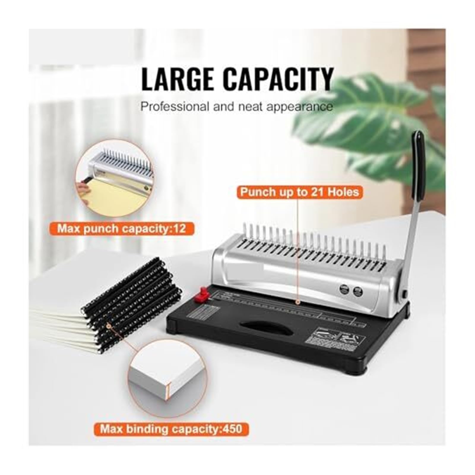 Rilegatrice for libri, rilegatrice a pettine con 21 fori for 450 fogli, include 100 pezzi di dorso a da 3 8''