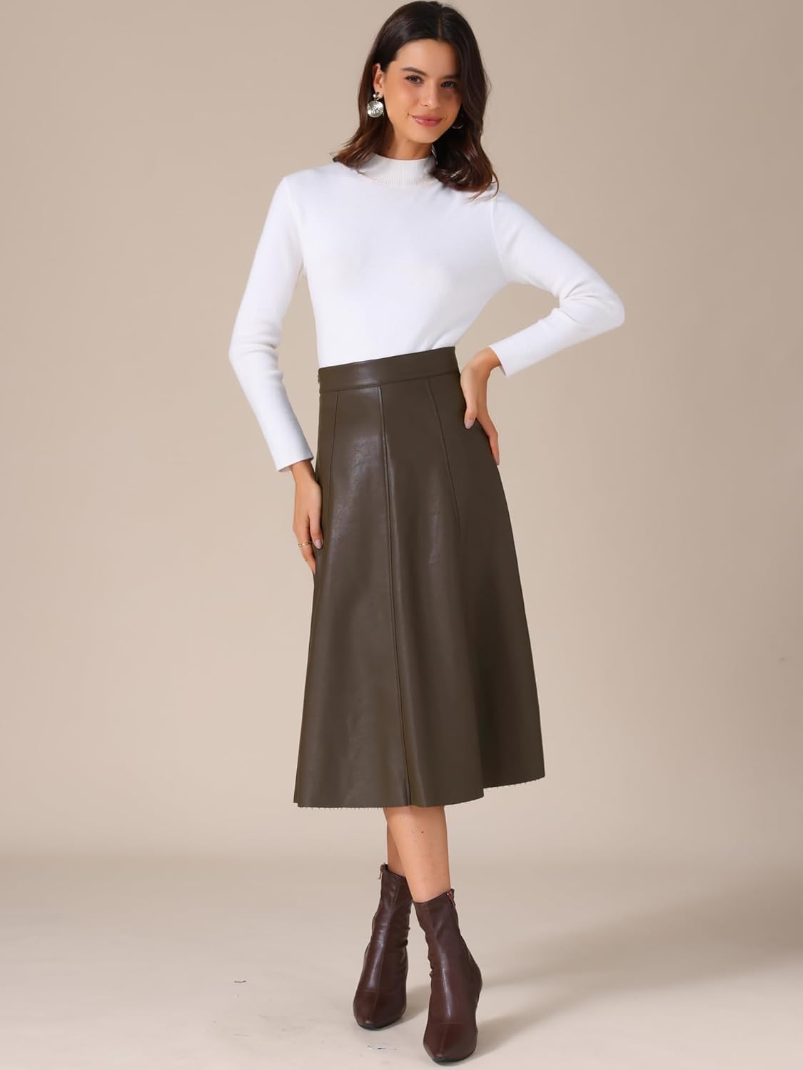 Allegra K Women's Faux PU Leather Skirt High Waist Party A Line Midi Skirts