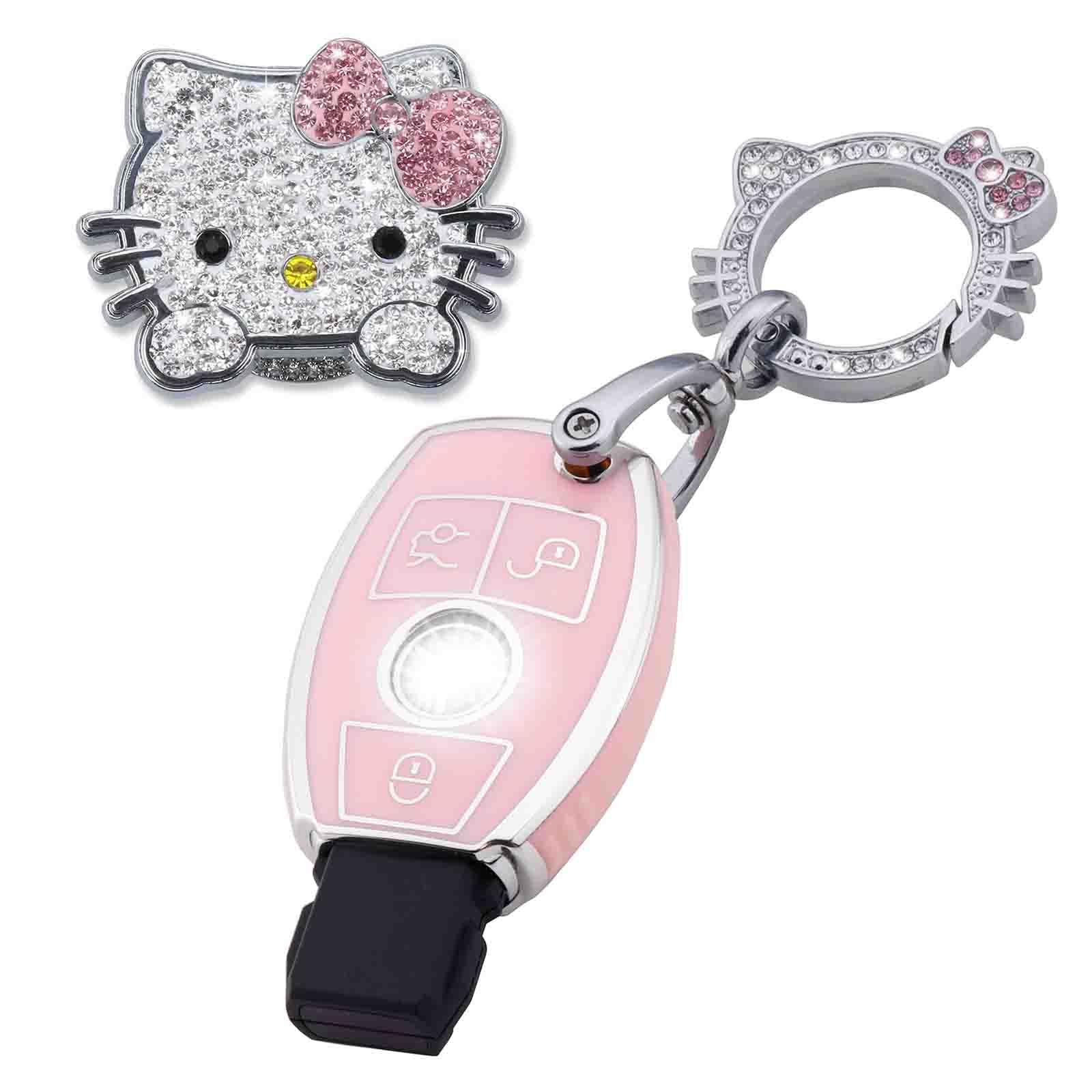 Pink Car Accessories 3 Pcs for Mercedes Benz C E S M CLS CLK G Class Key Fob Cover with Bling Keychain Cute Push to Start Button Cover