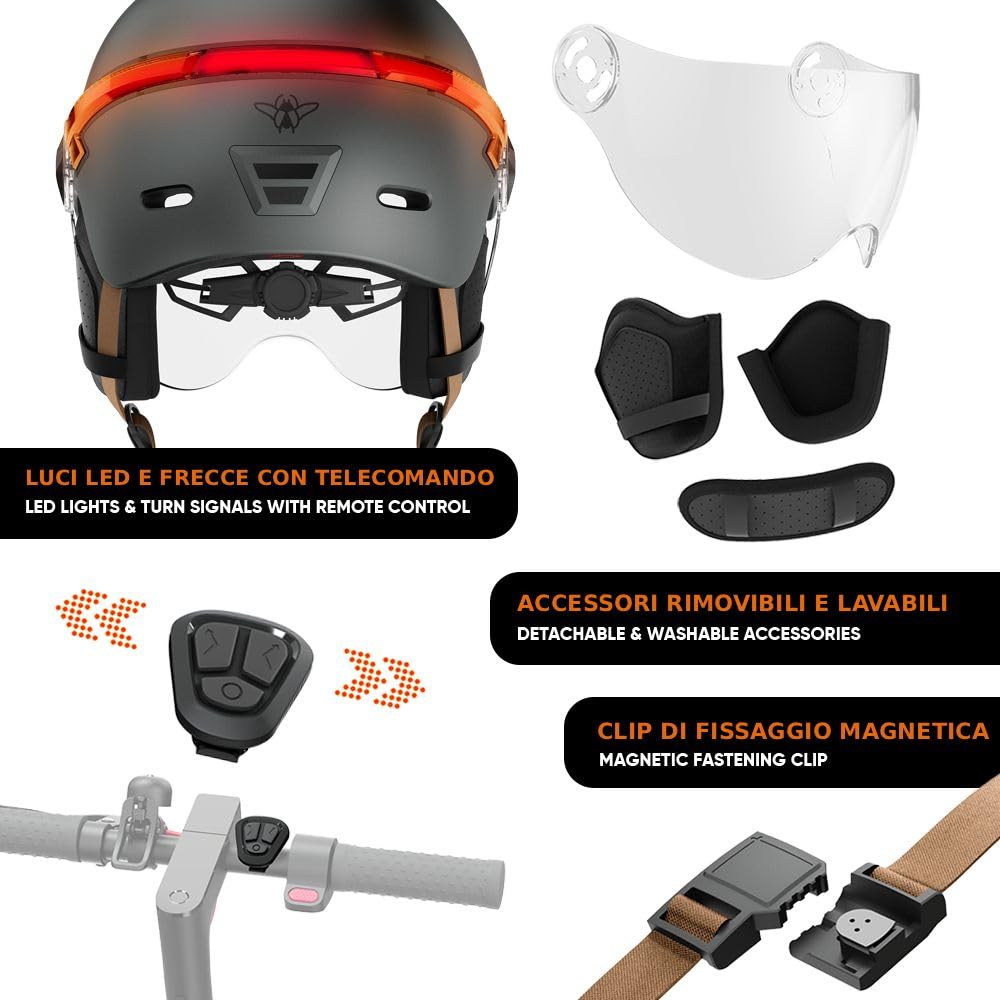 CASR Glow Casco LED per bici e monopattino Visiera XL copriorecchie rimovibili frecce posteriori telecomando