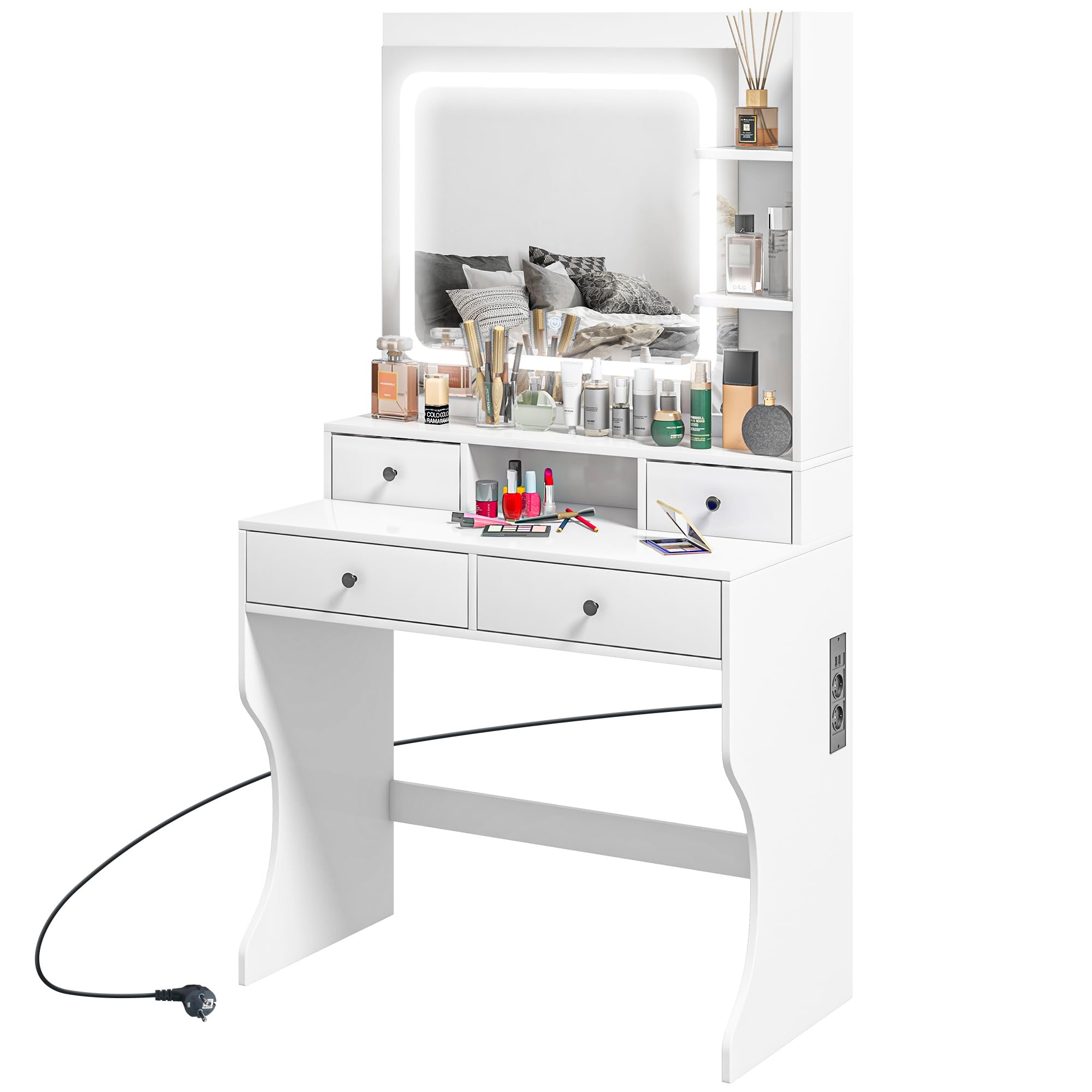 HOMCOM Toeletta Trucco con Luci LED e Specchio Prese USB 90x45x160cm Bianco