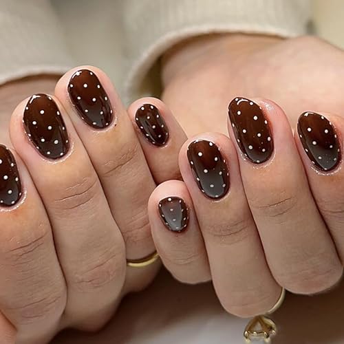 Brown Press on Nails Short Oval Fake Nails Polka Dot