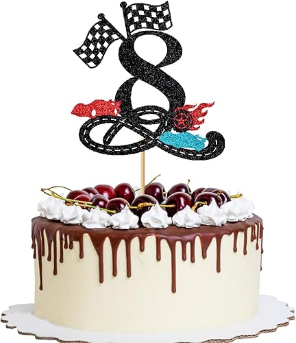 Vista 24 de Decoración para pastel de 2º cumpleaños con purpurina rápida, bandera a cuadros, pista de carreras para bebé de dos años, suministros para fiestas