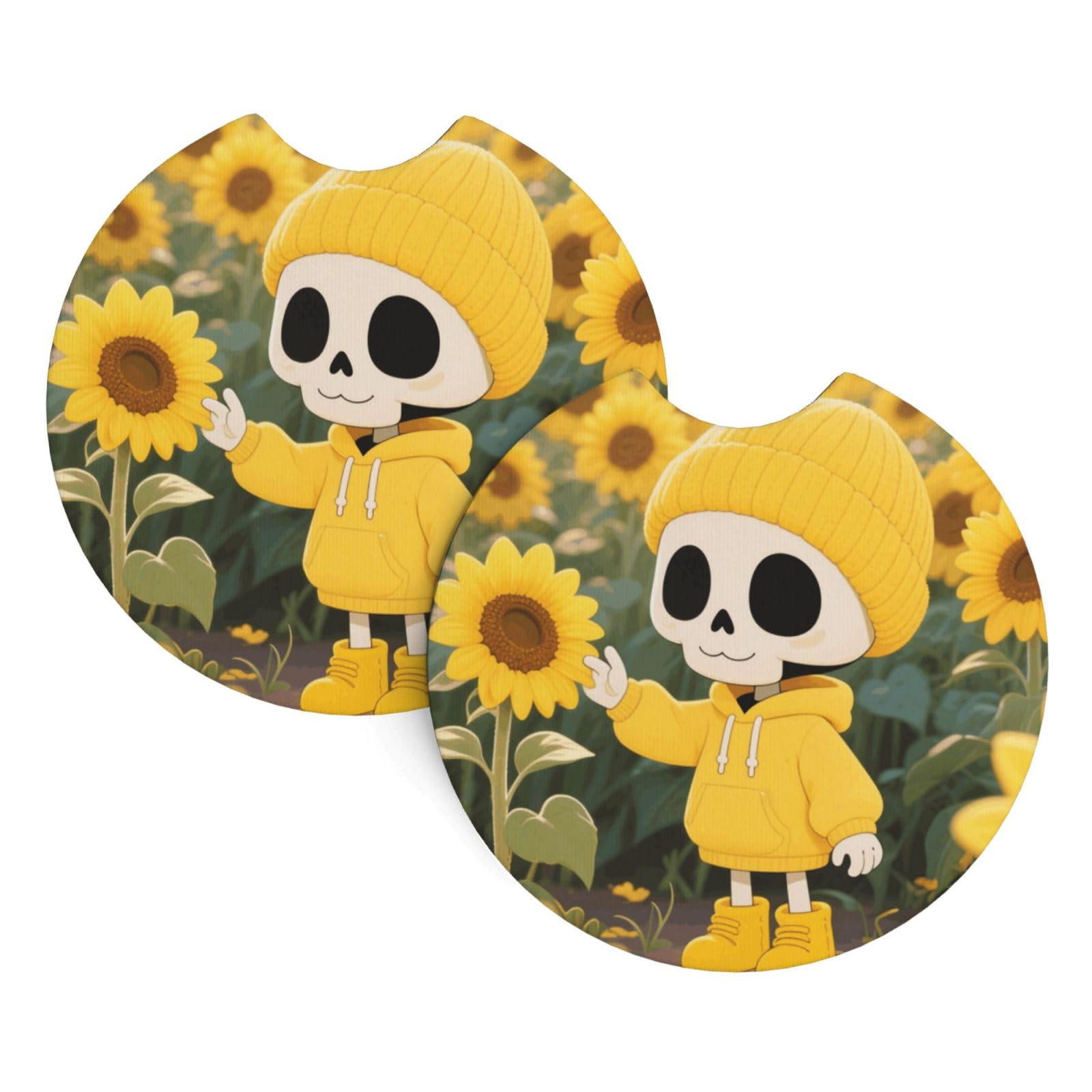 2 Pack Car Coaster for Cup Holders Skeleton Sunflower Car Cup Coaster 2.7" Neoprene Non-Slip Automotive Cup Mat Universal Auto Car Interior Accessories for Women Men Cup Pad