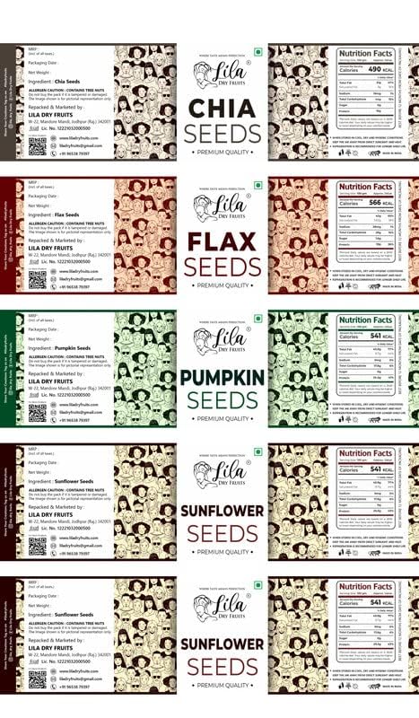 Image of LILA DRY FRUITS Seeds Combo Pack 5 Superseed (Chia, Flax, Pumpkin, Sunflower and Watermelon) 200gms Each (1 Kg) Raw Seeds Mix for Daily Nutrition & Healthy Snacking Superfood Perfect for Gifting