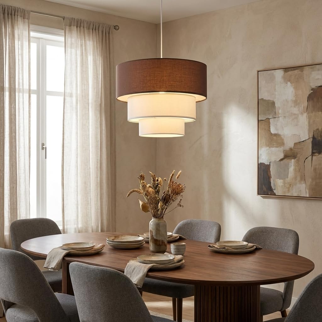 Alpinaluz Suspension textile marron et blanc à trois niveaux Ø38 cm - Abat-jour en tissu multicouche, culot E27, design moderne et décoratif pour salon, chambre et salle à manger