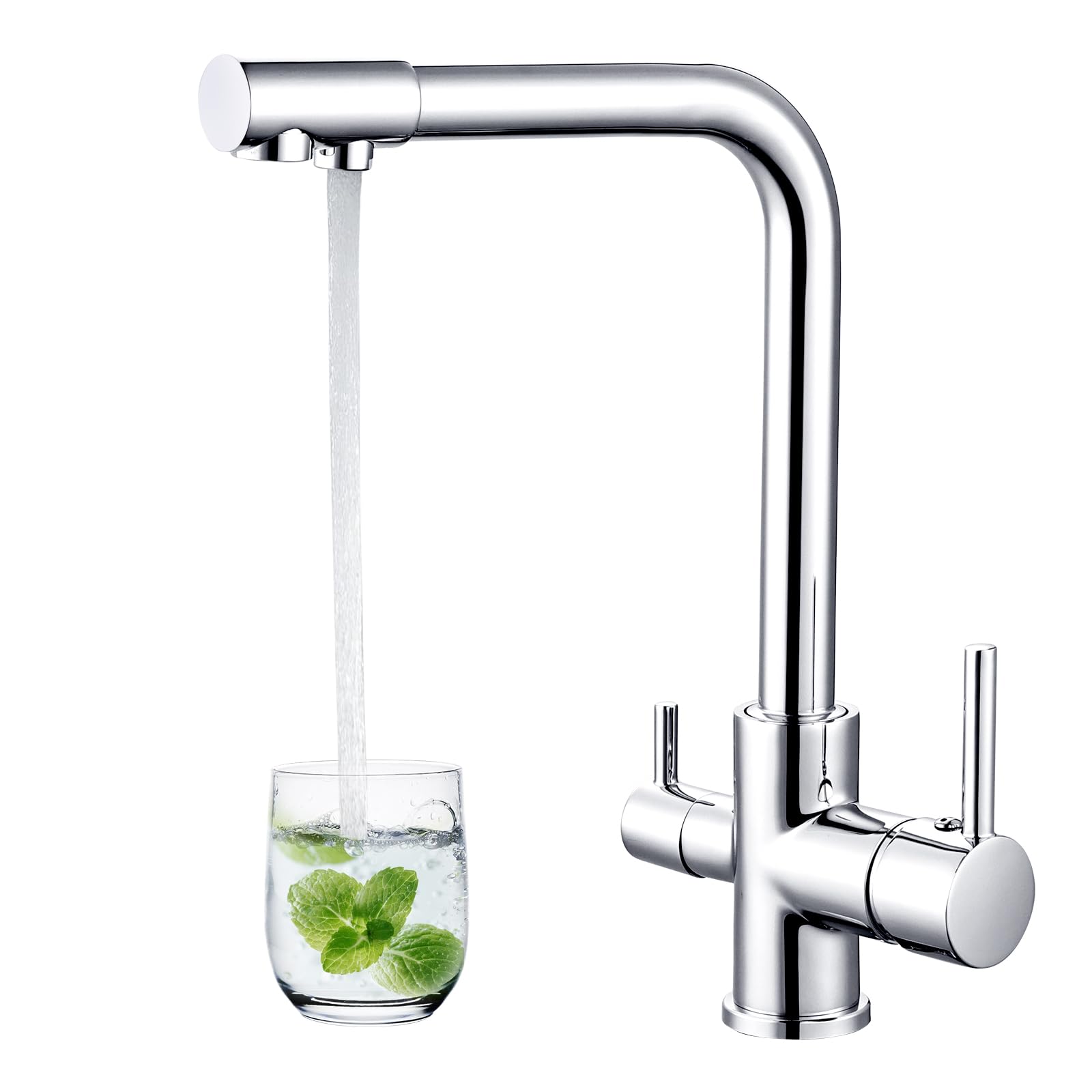 Hapilife 3 Way Kitchen Tap with Water Filter Chrome Brass Dual Lever 3 in 1 Filter Tap for Kitchen Sink Monobloc Drinking Water Mixer Taps Triflow Dual Spout Easy Installation 360° Swivel Faucet