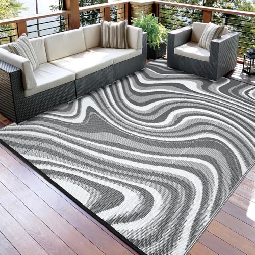 Image of Garvee Waterproof Outdoor Rug 10x14 Abstract Outdoor Camping Rug, Grey