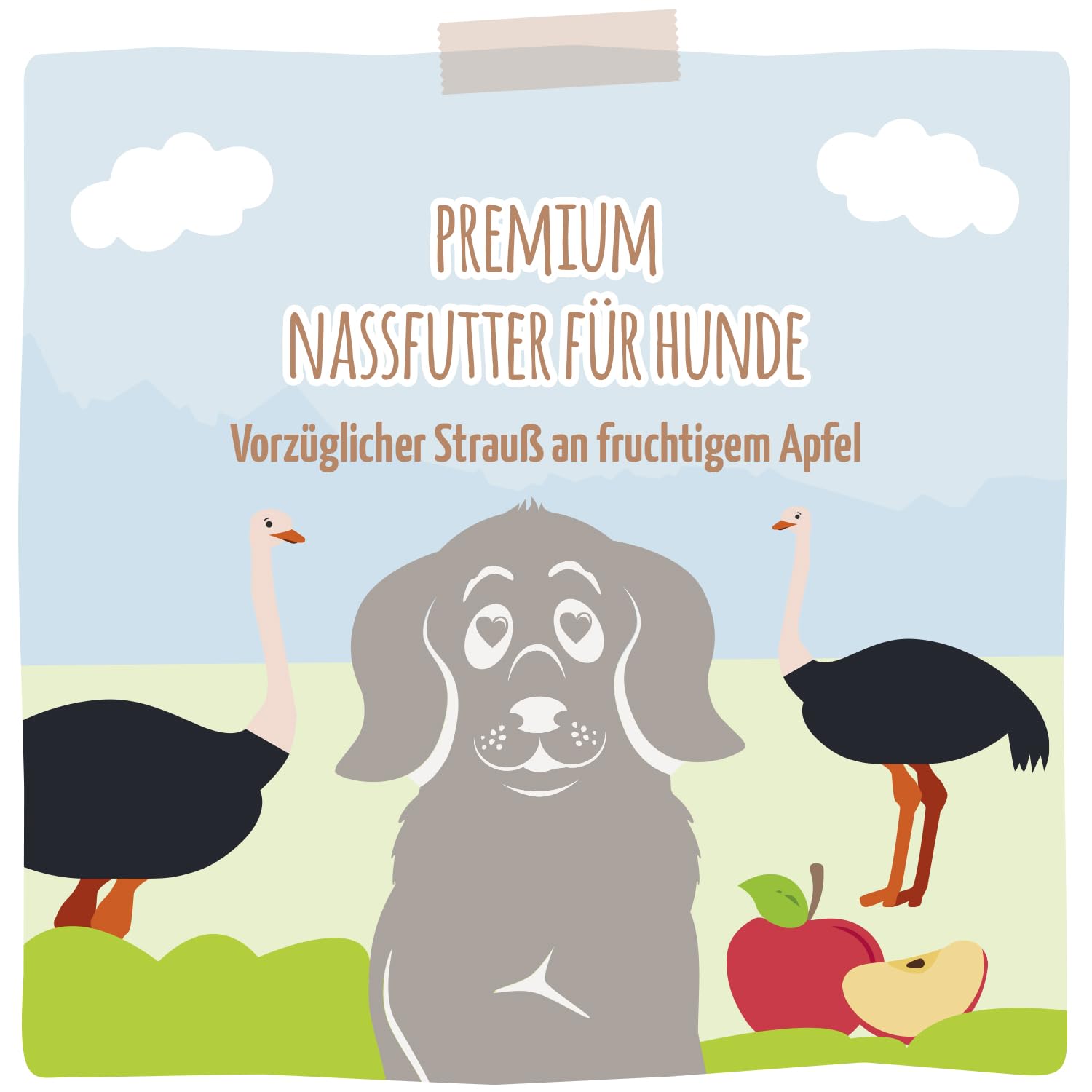 MjAMjAM - Premium Nassfutter für Hunde - vorzüglicher Strauß an fruchtigem Apfel, 6er Pack (6 x 800g), getreidefrei mit extra viel Fleisch
