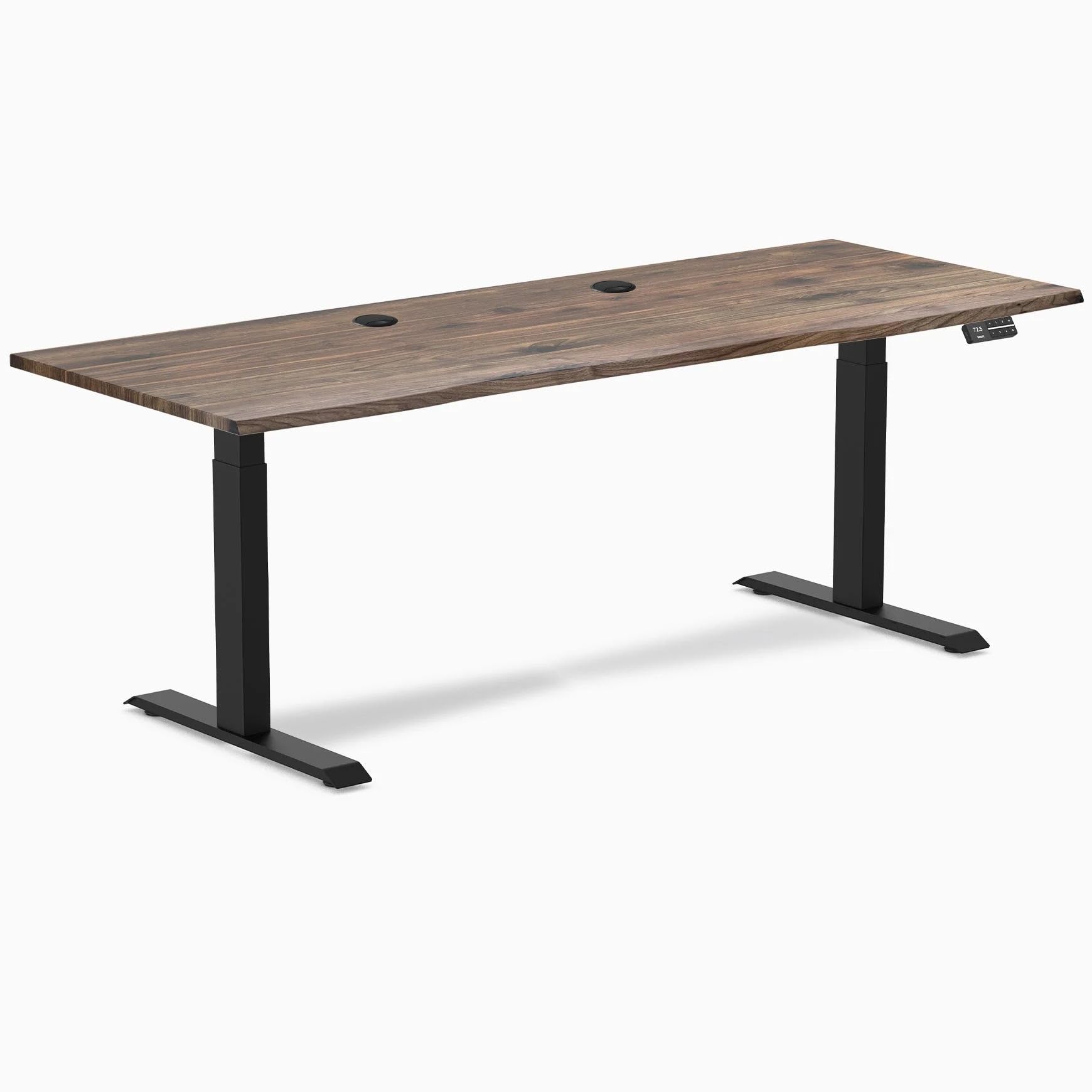 Desky Dual Laminate Sit Stand Desk Natural Walnut Grommets Matte Black