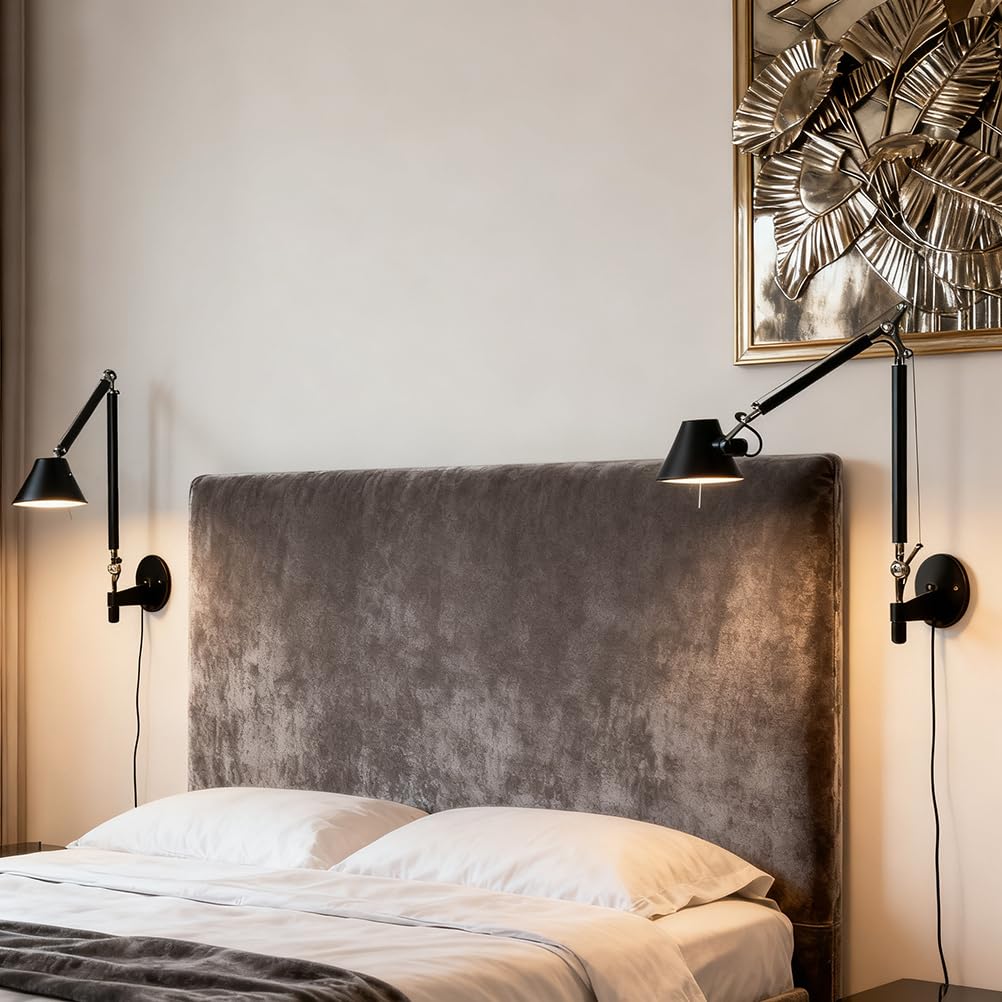 AoLa Wandleuchte Verstellbar Vintage Schwenkbar Wandlampe mit Schalter und Stecker Innen E27 Lange Arm Wand Leselampe Drehbar Schwarz Nachttischlampe mit 1.5M Kabel, für Schlafzimmer Wohnzimmer,36CM