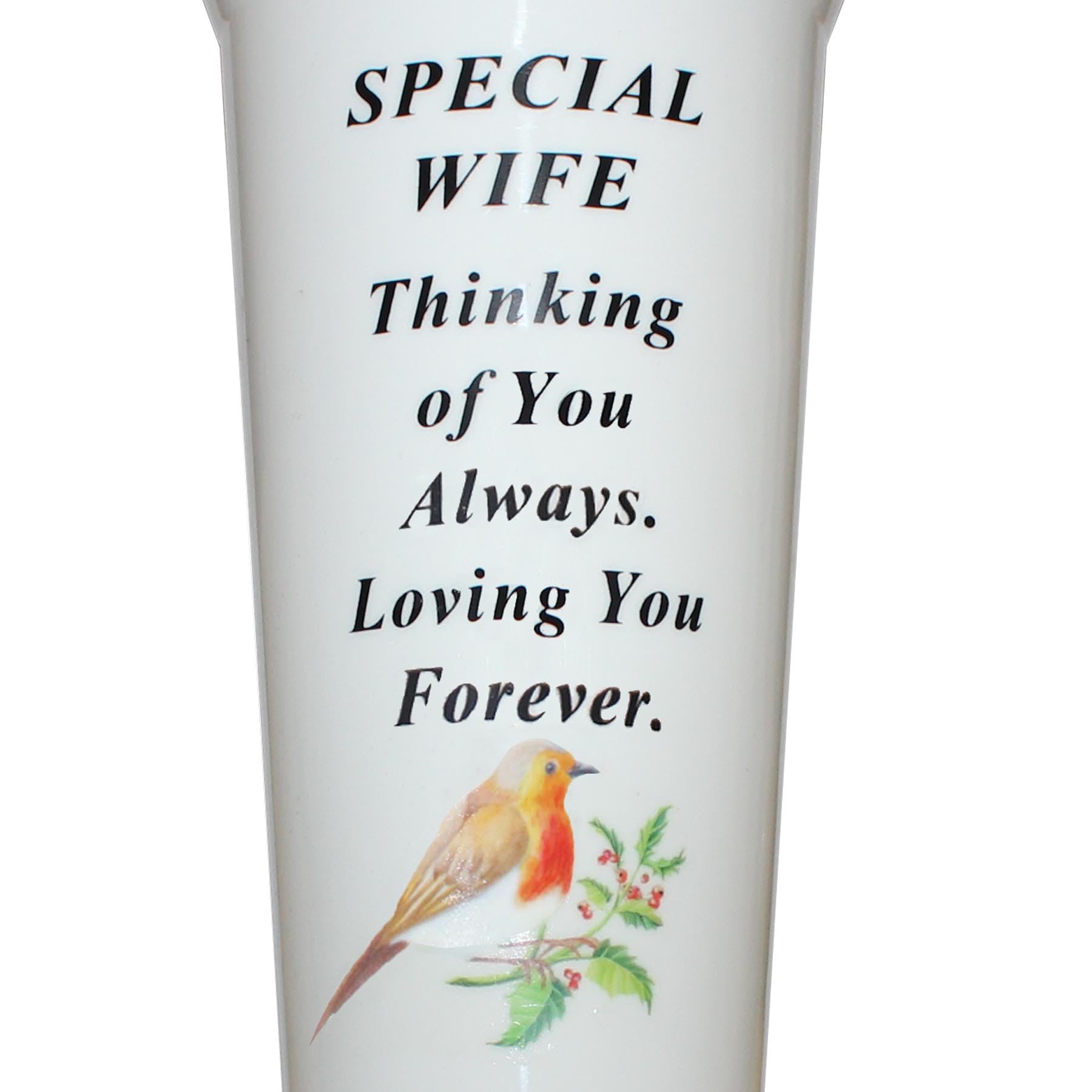 Memorial Grave Flower Pot - 33cm tall Sturdy White Memorial Graveside Flower Vase with Spike and Robin Image (Special Wife 8781) - Image 2