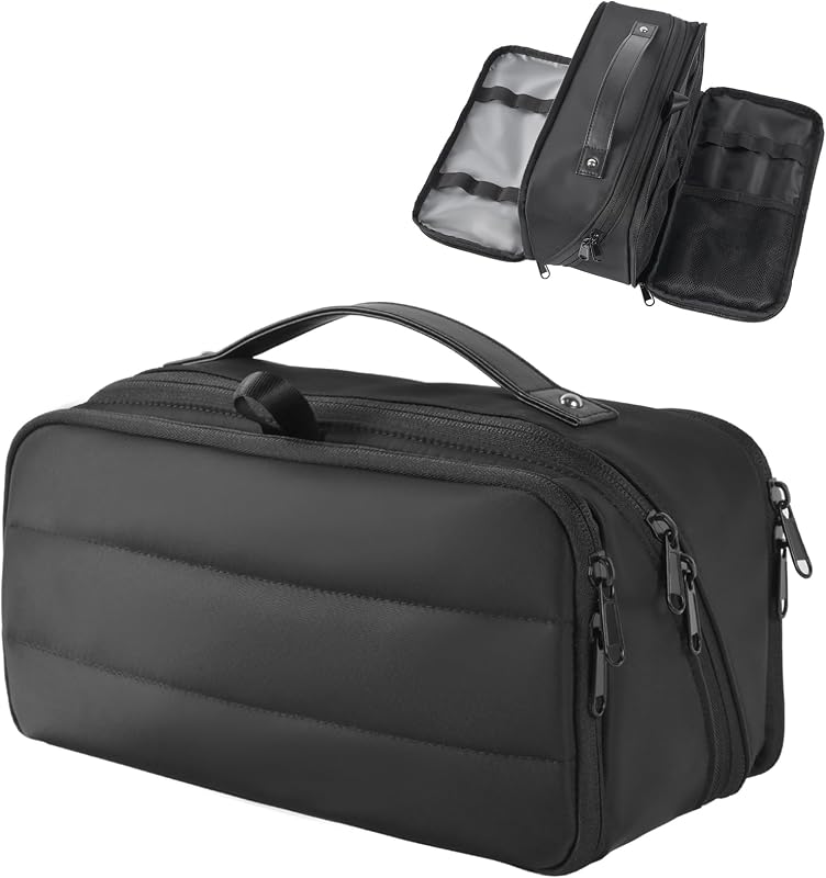 Necessaire de maquiagem GR69N com abertura plana e 3 compartimentos, preta