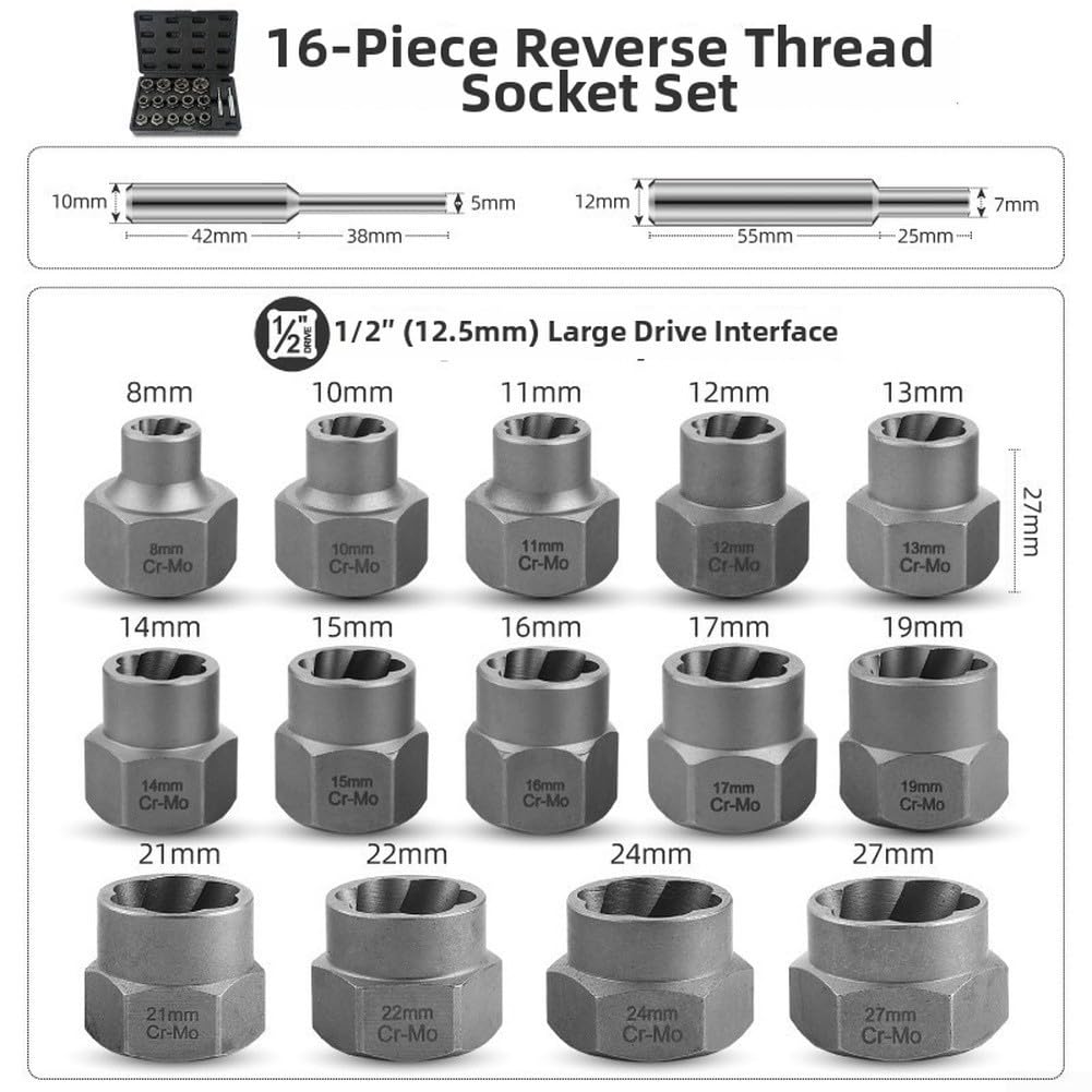 Juego de extractores de pernos de acero de aleación de cromo con adaptador de enchufes de rosca inversa, brocas antideslizantes de 6 a 27 mm para tuercas y tornillos pelados o oxidados (33