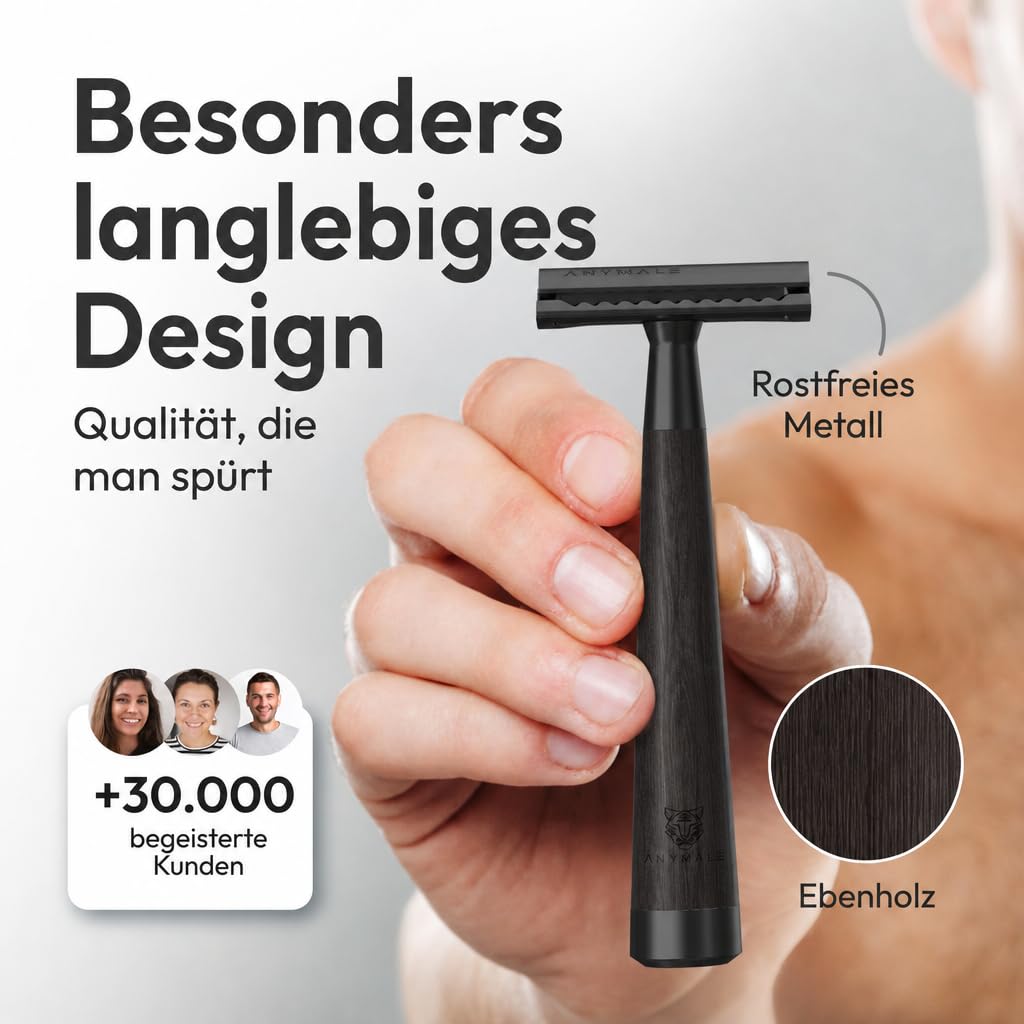 Rasierhobel „Midnight“ für Damen & Herren Griff aus Ahornholz (Schwarz) - Holz Nassrasierer & Rasierer Metall mit 5 Klingen (Zero Waste) - Männer-Rasierer, Klingenrasierer & Safety Razor