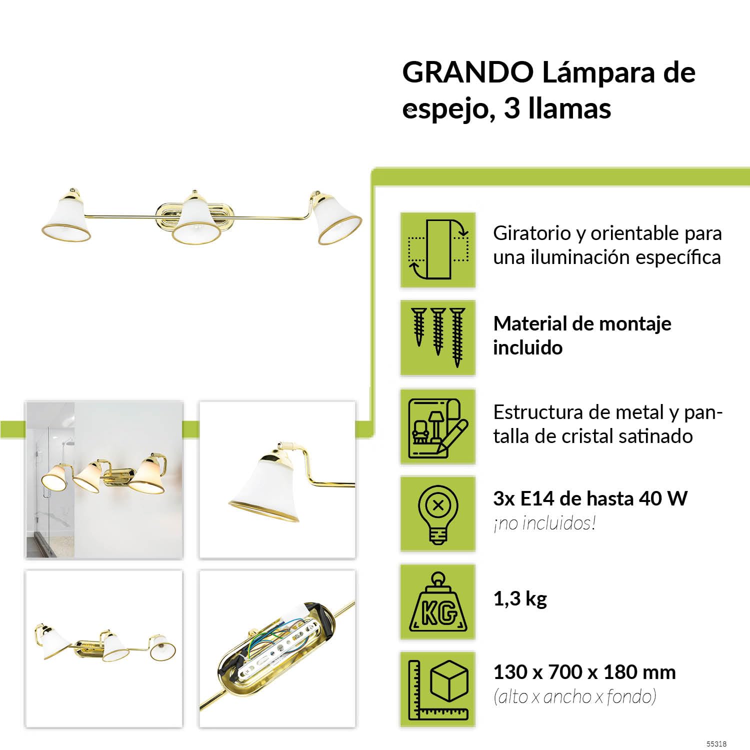 Aplique baño oro, lámpara baño, aplique espejo, Art Nouveau, orientable, poco deslumbrante, cristal, 3 luces, E14, A:70 cm, luz espejo