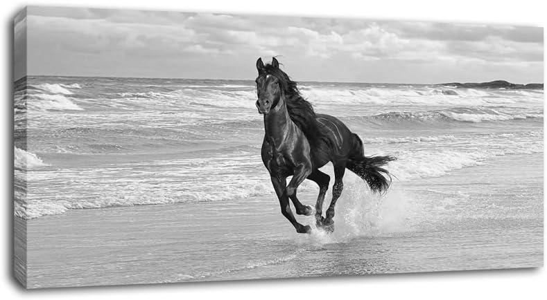 X LARGE HORSE CANVAS ARTWORK BLACK AND WHITE 'Running on the Seashore' mounted and ready to hang 44" x 20" (113 x 52 cm)