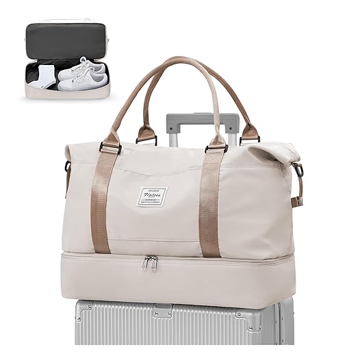 Bolsa de Viaje para Mujer,Bolsa de Deporte para Gimnasio Bolsa de Fin de Semana,Bolsa de Transporte con Compartimento de Zapatos, Bolsa de Equipaje,Bolsa para avión Bolsa de Gimnasia,Beige