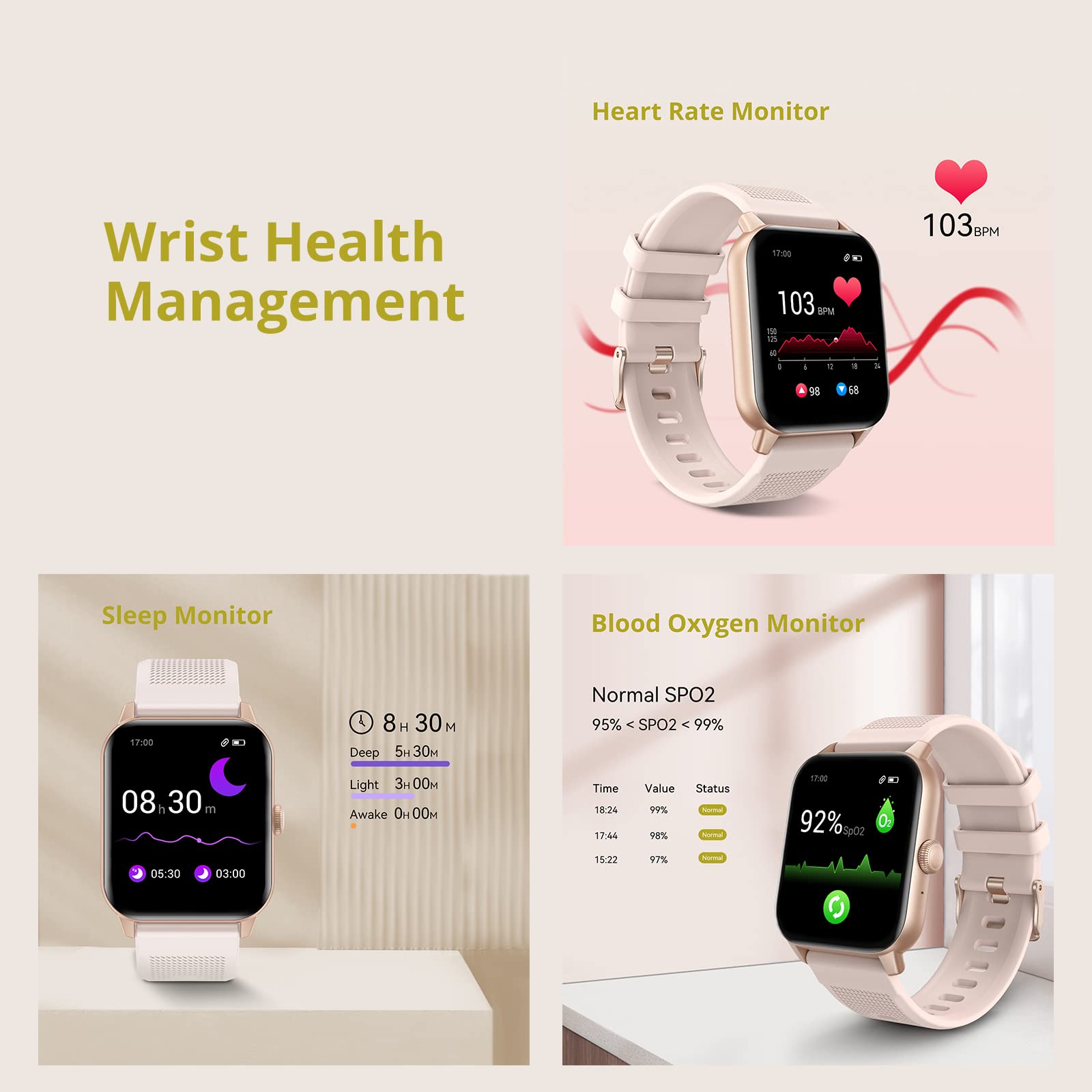 RIVERSONG Montre Connectée Femme avec Appel Bluetooth, 1,69" Montre de Sport avec Fréquence Cardiaque,SpO2, Podomètre, Moniteur de Sommeil, 49 Modes Sportifs, pour Android/iOS, Rose