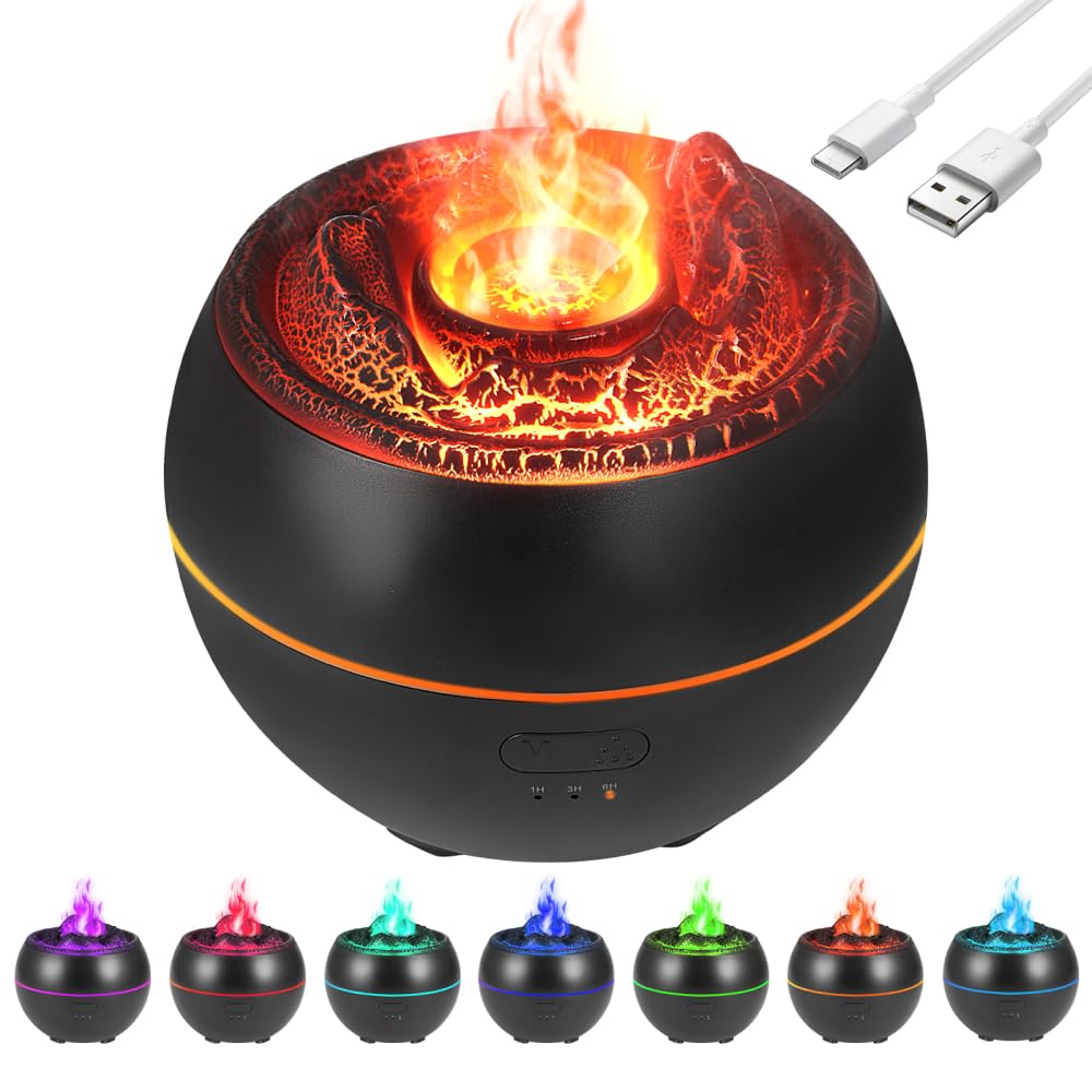 Flame Essential Oil Diffuser, Essential Diffusers for Home, 7 Colour Lights Flame Electric Aroma Diffuser, Waterless Auto-Off Ultrasonic Humidifier Aromatherapy Diffuser for Home, Bedroom, Office