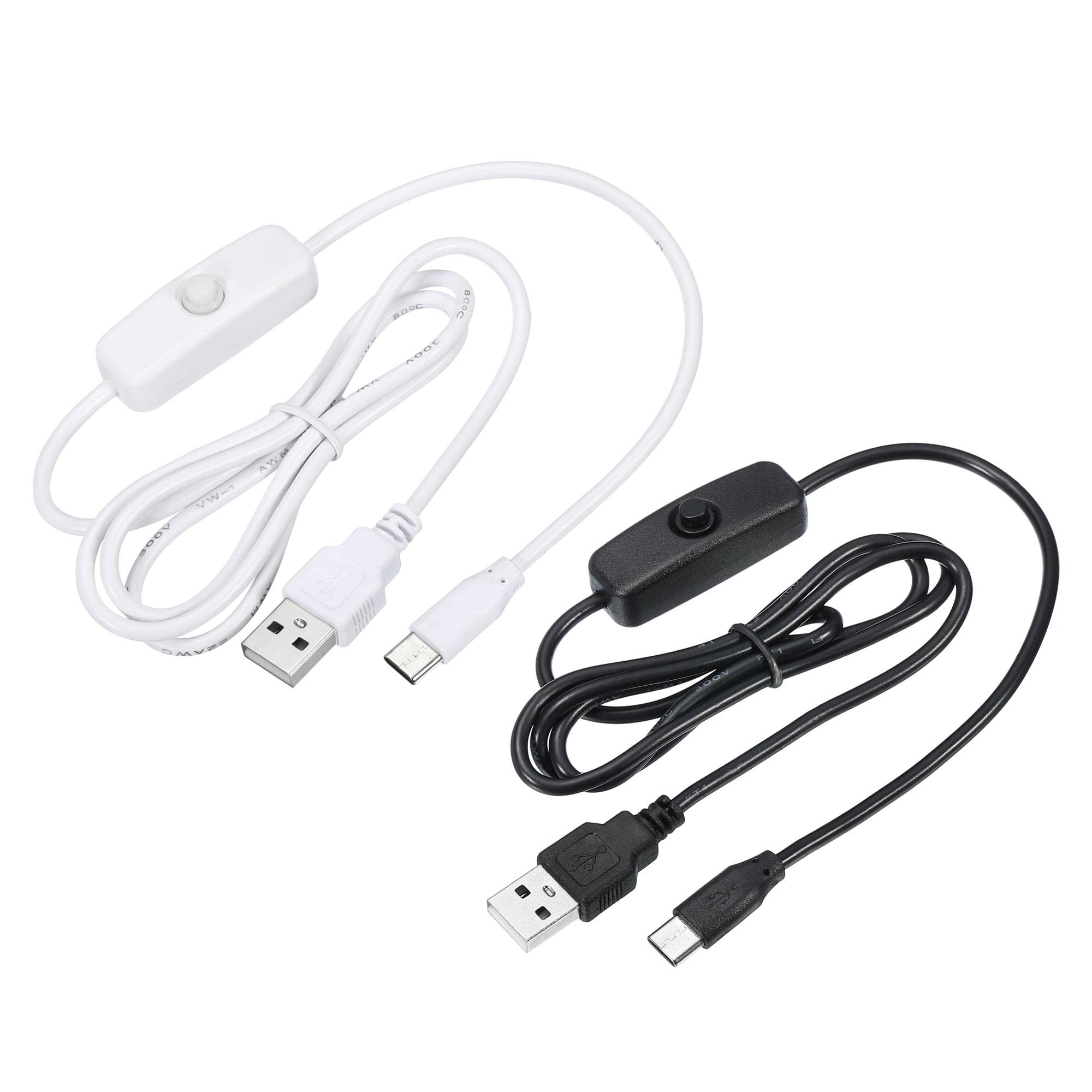 sourcing map USB Cable with 501 ON/Off Switch, USB Male to USB Type C Male Power Cable 100cm for LED Desk Lamp LED Strip Black White 1 Set