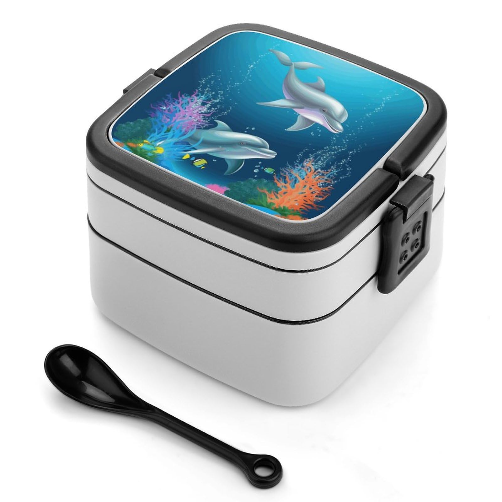 FekiLoot Dolphin And Fish Bento Box Adult Lunch Box Sealed Bento Lunch Boxes with Spoon Sturdy Double Layer Bento Boxes Snap-on Design Leak Proof Lunch Containers Ideal for Work