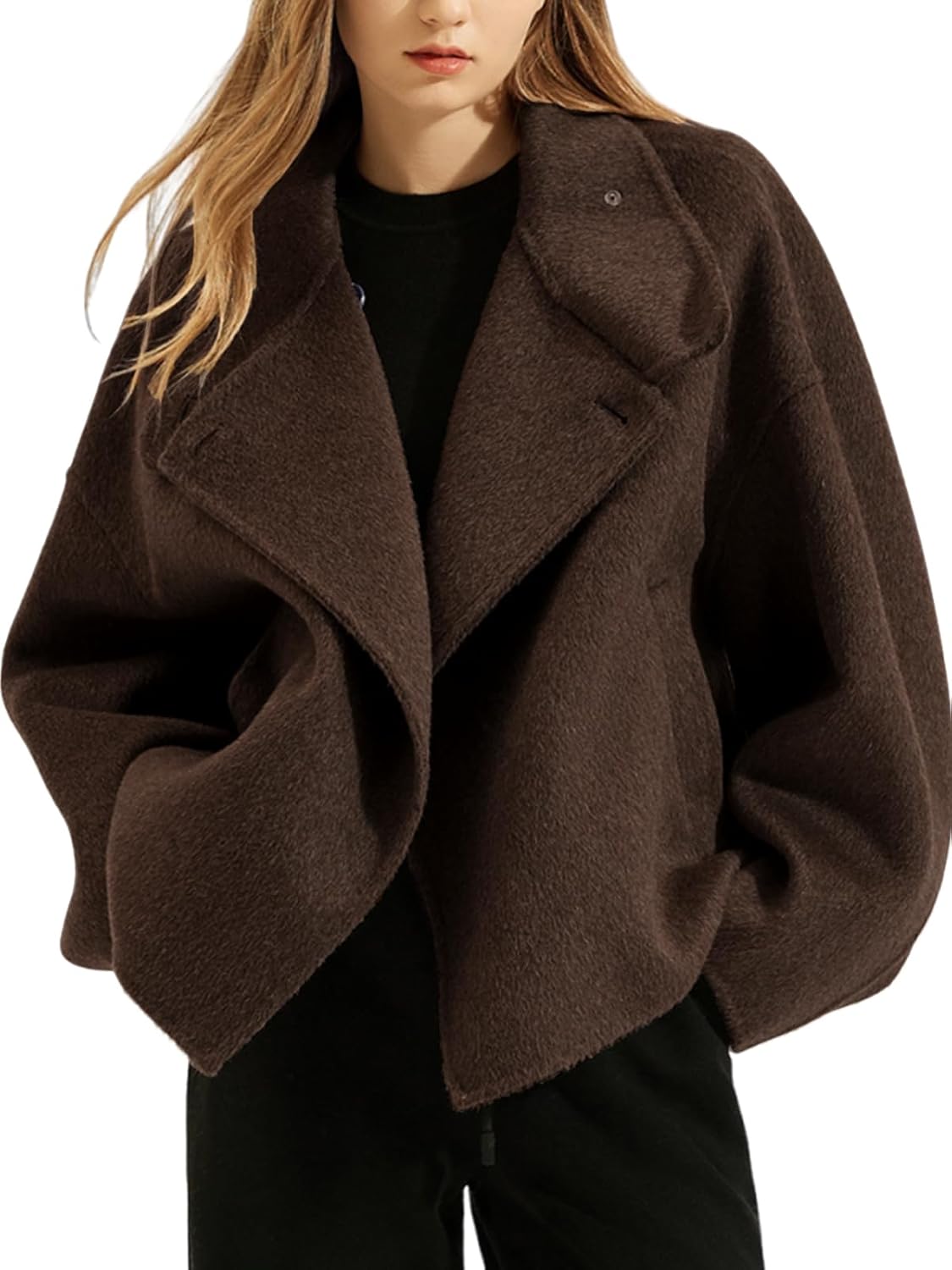 utcoco Women Cropped Thicken Wool Coats Oversized Short Jackets Notched Lapel Pea Coat Trench Overcoats with Pockets