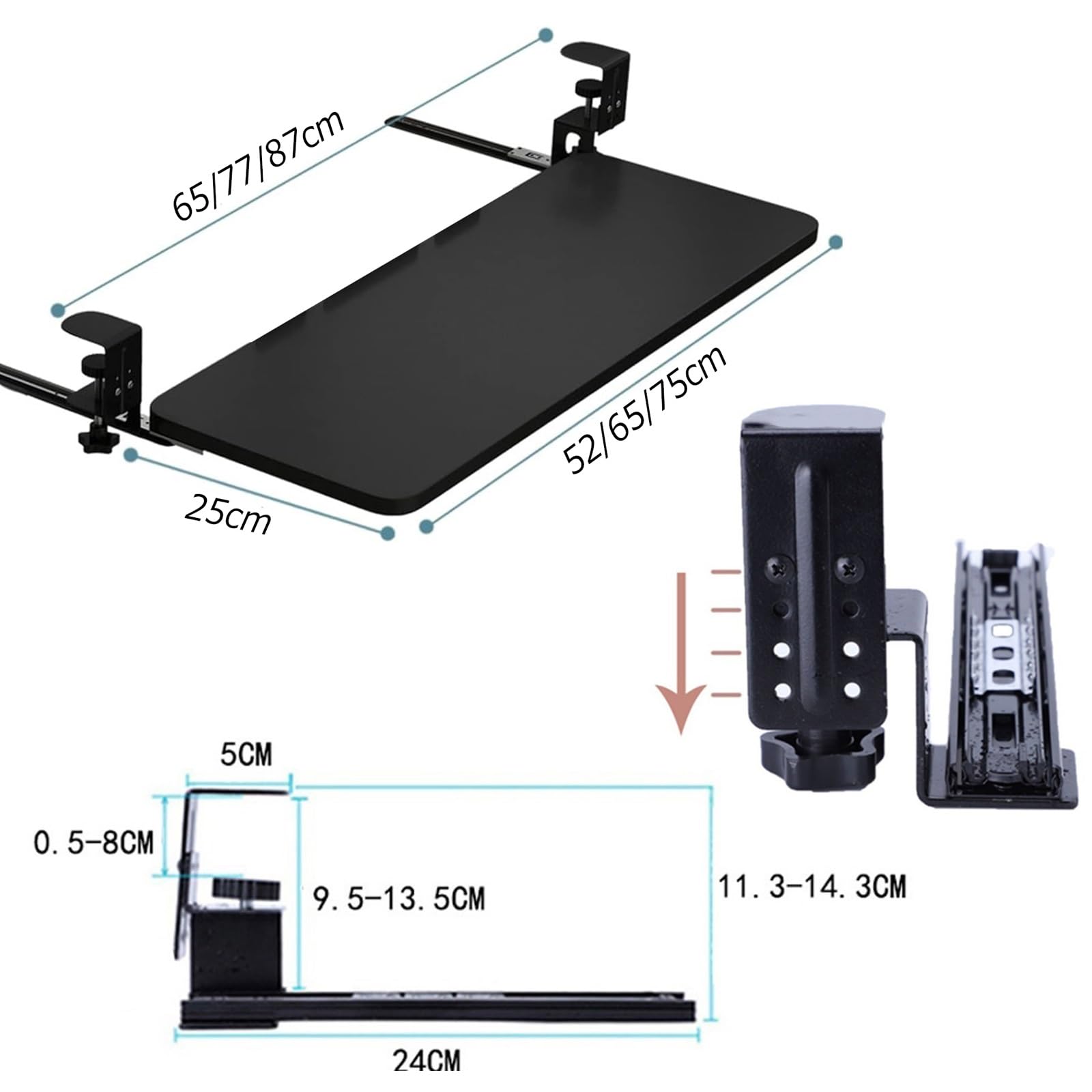Podblatowa platforma wysuwana z klawiaturą i myszką, uchwyt, obsługa 25 kg, ergonomiczny, poprawiający postawę, organizer na myszy komputerowe(Black,65 * 25 cm (26 * 10 Inch))