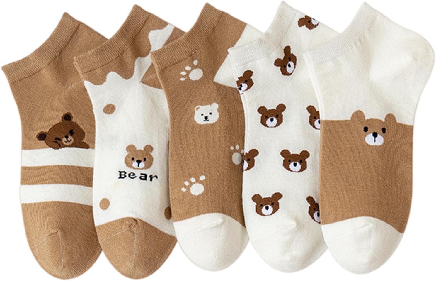 Calcetines 5 Pares Calcetines De Verano De Algodón para Mujeres Calcetines Cortos De Dibujos Animados con Estampado De Oso Tobilleros Calcetines Femenino Casual Linda Chica Lady, 5pairs Brown, M