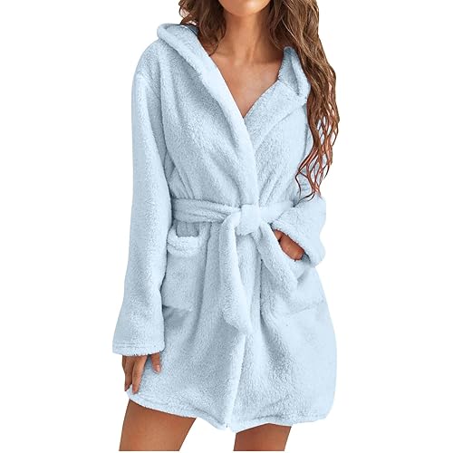 Bidobibo Fuzzy Robe for Women Short Bathrobe Tie Waist Solid Cute Plush Robe with Pockets Soft Winter Spa Robes with hood