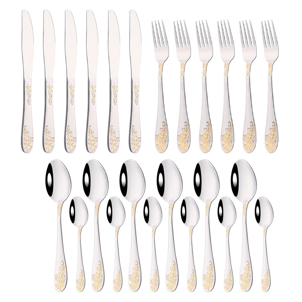Ensemble de couverts en argenterie, 24 pièces, ensemble luxe acier inoxydable, kits vaisselle à fleurs, couteau steak argenté bronzé, fourchette, cuillère thé