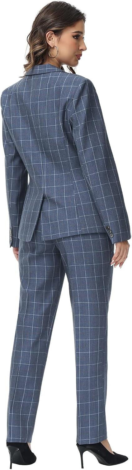 Lamgool Women's 2 Piece Plaid Suit Lady's Business One Button Lined Blazer Jacket Pant Set - Image 5