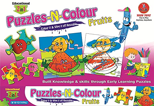 SMART PICKS Educational Birds Puzzle-N-Colour 2 in 1,Reusable Fun Activity for Kids, Colour It and Wipe It Off! (Fruits)