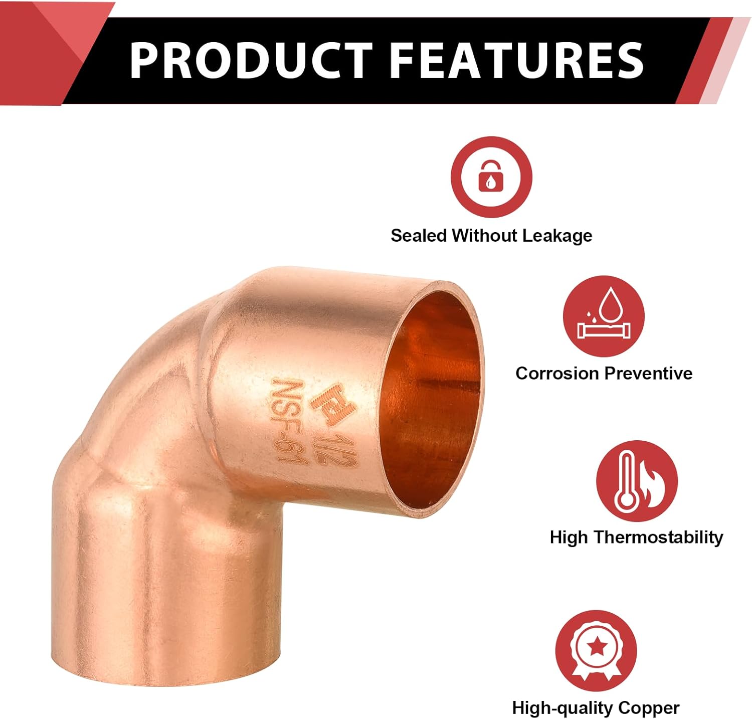 Pro 50-Pack EFIELD 1/2" C X C Short Radius Copper 90 Degree Elbow, LF Copper Plumbing Fittings with Sweat Solder Connection,(COPPER050)