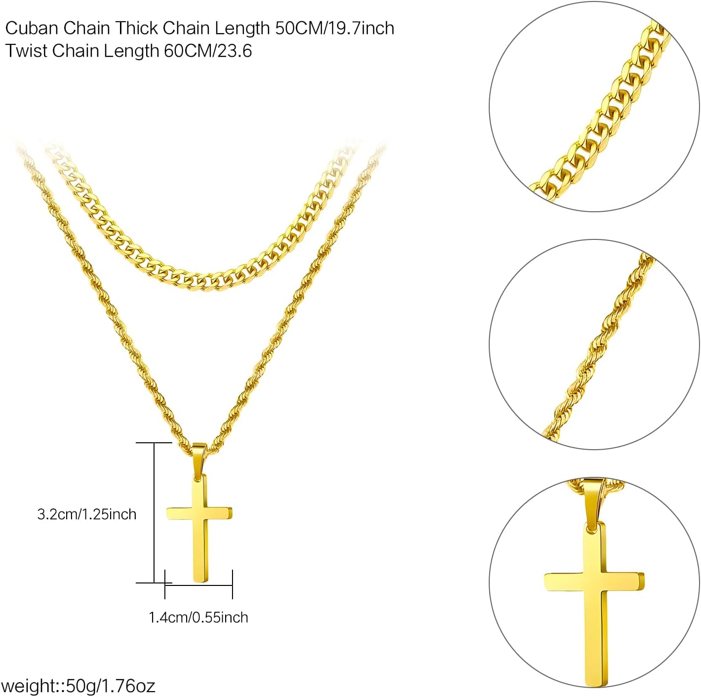 Trendy Gold Stainless Steel Layering Necklace with Gold Cross Pendant - Premium Gold Plated Jewelry for Men & Women Cuban Chain 19.7Inches - Image 2
