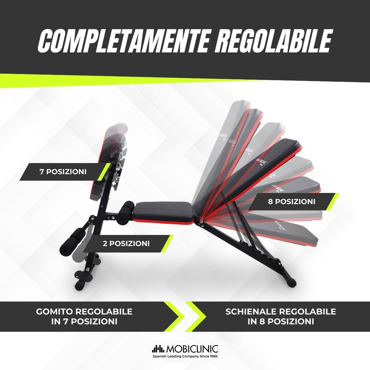 Mobiclinic®, Panca Palestra, Nastro di Resistenza, Pieghevole, Con Ruote, Multifunzione, Stampa di Banca, Regolabile, Declinabile e Inclinabile, Fino a 120kg, Planefit, Palestra Domestica