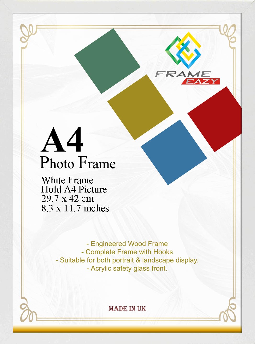 FRAME EAZY A4 White Photo Picture Frame A4 Certificate Display Frames Modern Flat Design 29.7 x 21cm Frames With Safe Perspex Front & Wall Hanging Hooks/Tabletop