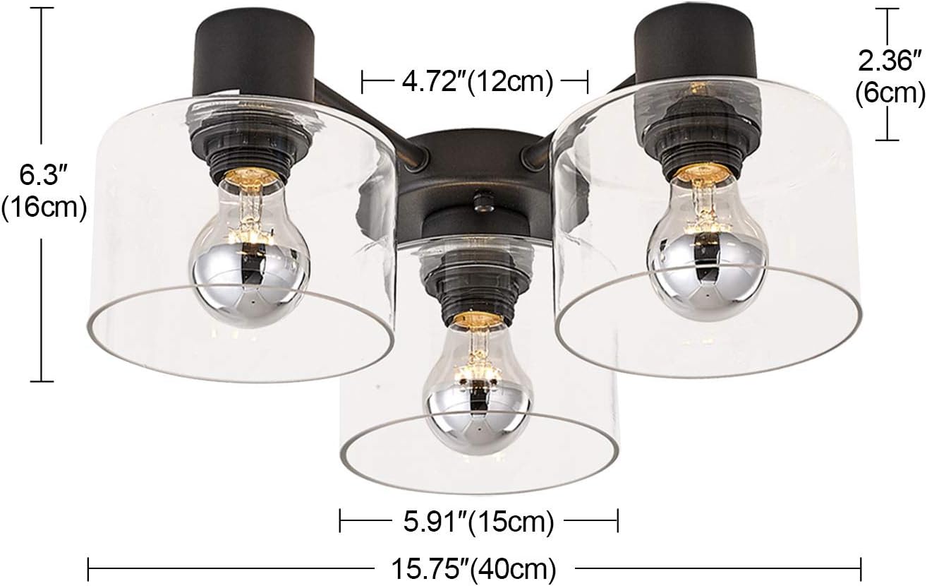Buу 2 gеt 3 TeHenoo 3-Light Flush Mount Light Fixture, Clear Glass Shade,Matte Black Ceiling Light Fixture for Kitchen,Dining Room,Living Room, Bedroom, Cafe, Bar,Hallway