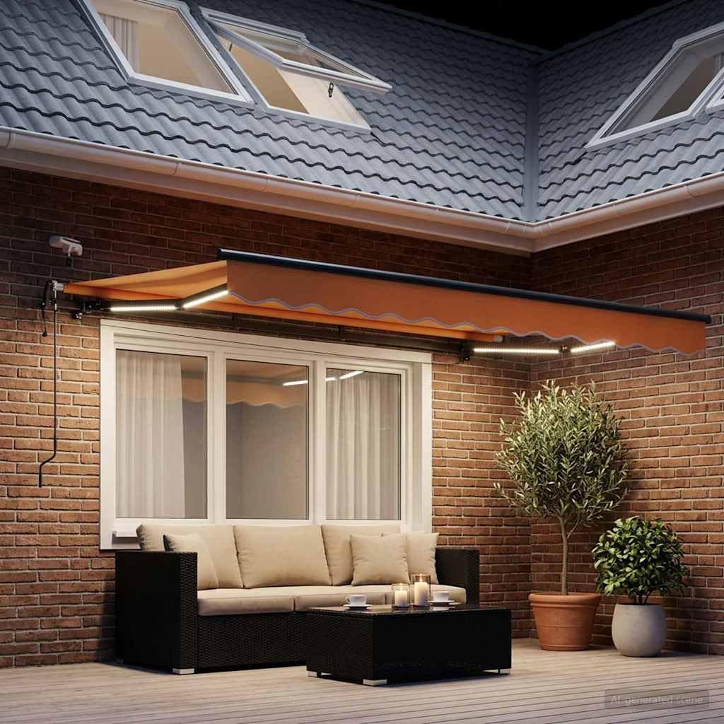 Toldo extensible arena 350 x 250 cm, poliéster, protección solar para balcón, terraza, jardín, resistente a la intemperie, protección UV, con mando a distancia, LED, sensor de luz de viento