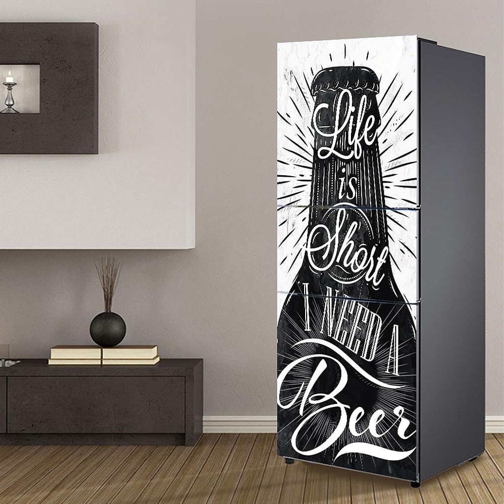 Fridge Sticker, Fridge Sticker Full Covering Door Covers Skins Wall Stickers for Kitchen Decal, Life Short Beer Black and White(S: 60x150 cm)