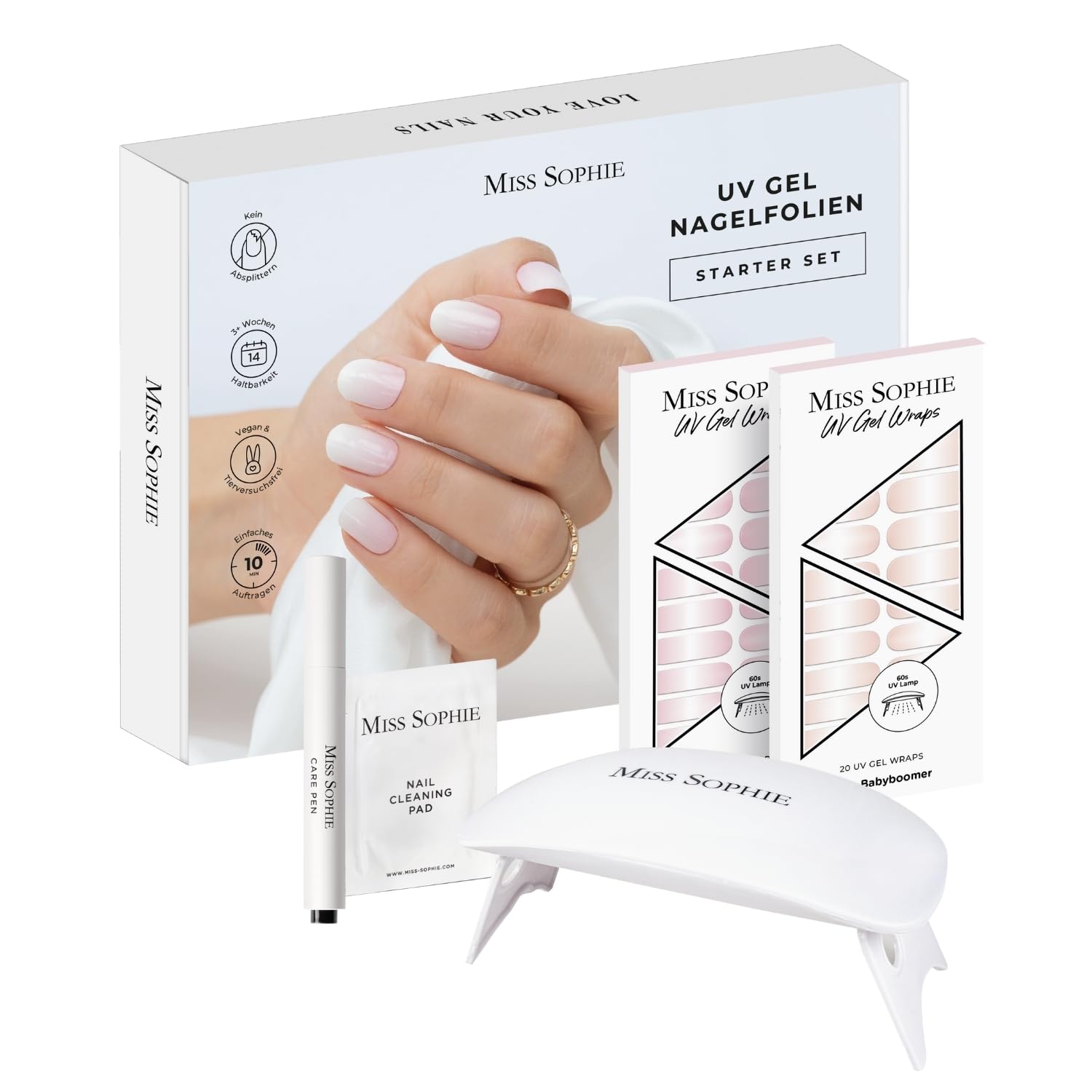 Original Miss Sophie UV Starterset I Selbstklebende UV Nagelfolien I Nagelaufkleber in Rose Babyboomer & Nude Babyboomer I Kein Absplittern I Langer Halt I Schnelle & einfache Anwendung