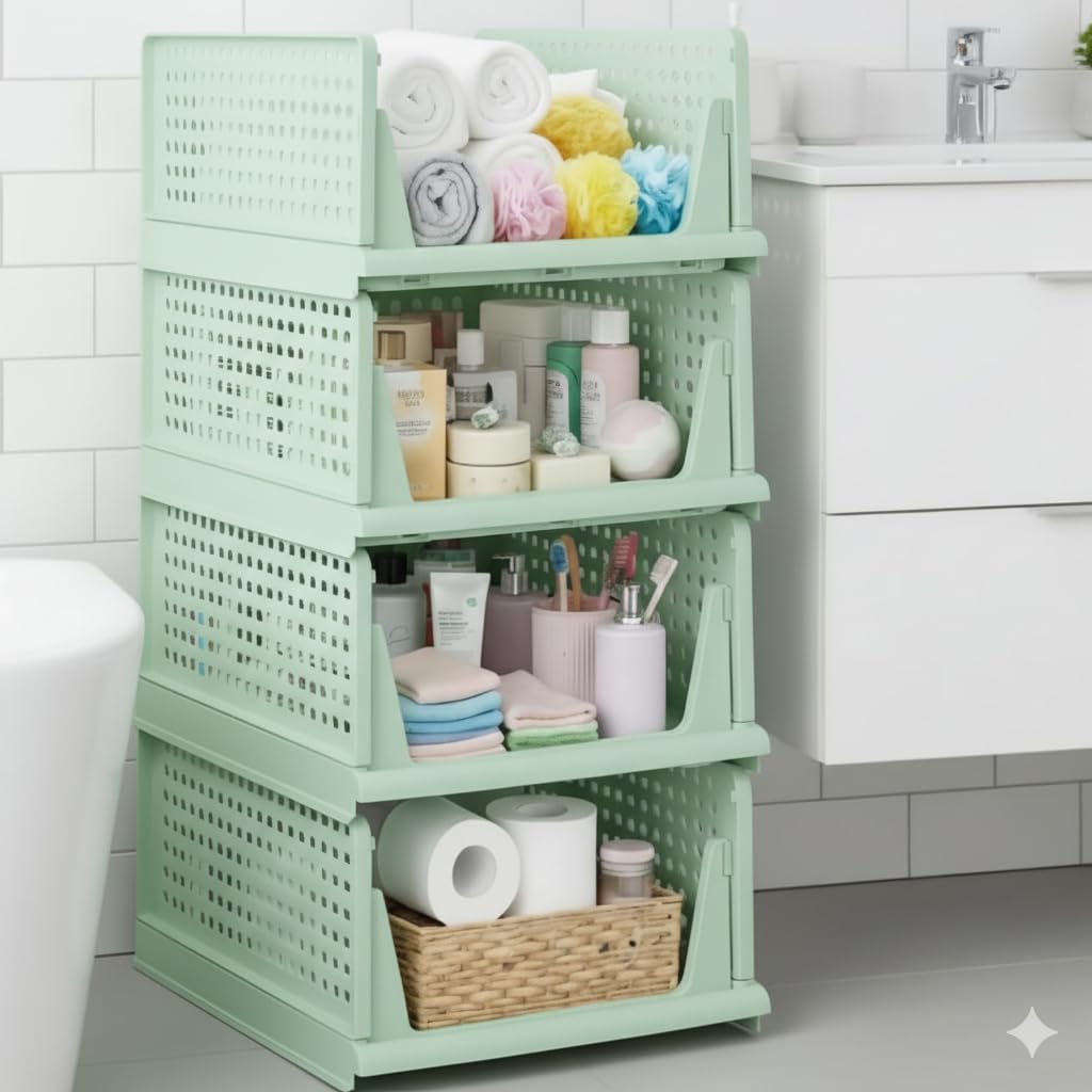 MECHDEL | Wardrobe Organizer For Clothes | Cupboard Organizer | Foldable Shirt Stacker Box | Cloth Box for Almirah | Closet Storage Basket |Plastic Stackable Closet Organizer (Pista Green, 4PCS)