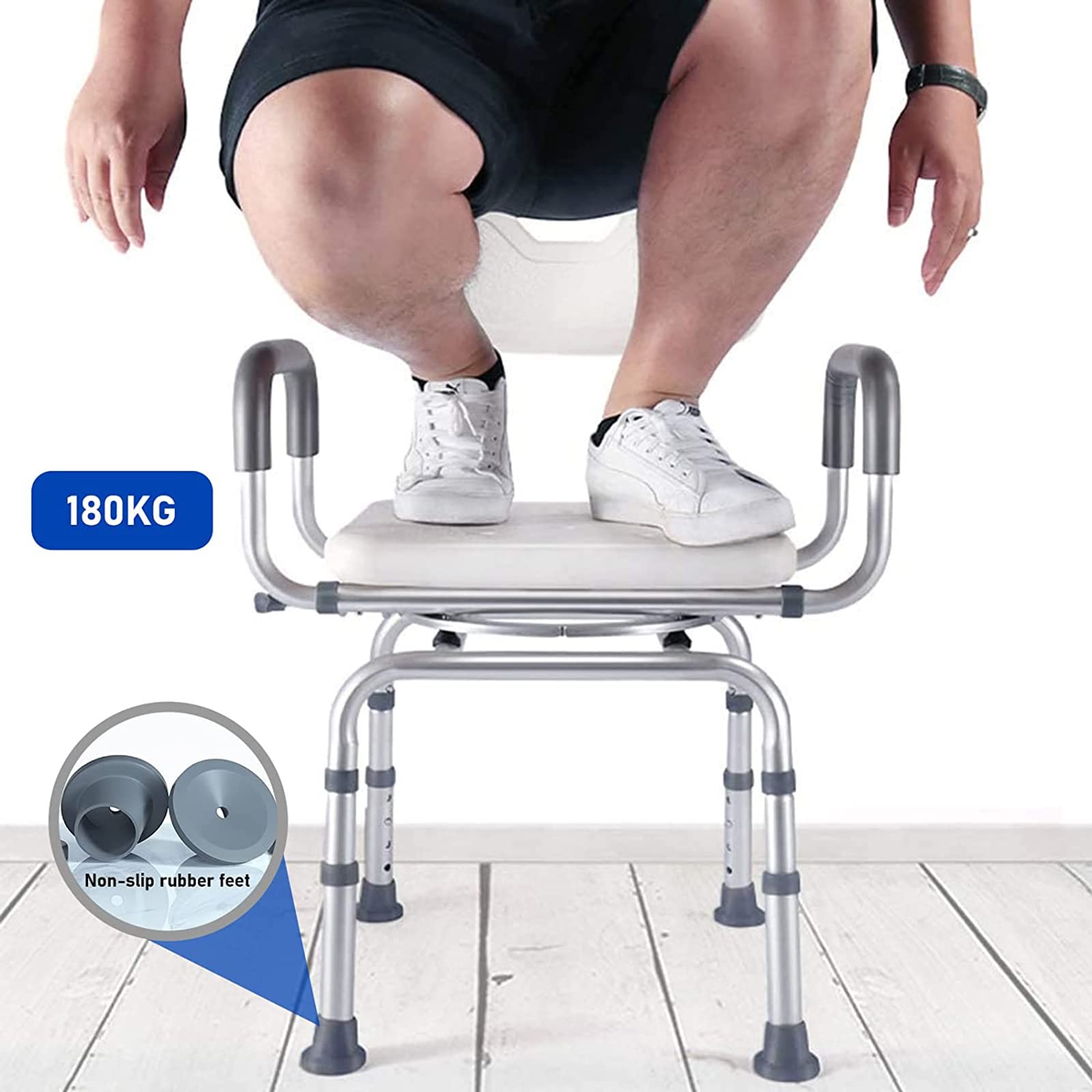 Silla de ducha giratoria de 360° para ancianos con rieles – Sillas de baño antideslizantes con respaldo – Asiento de ducha ajustable resistente y taburete para personas mayores – Seguro y cómodo
